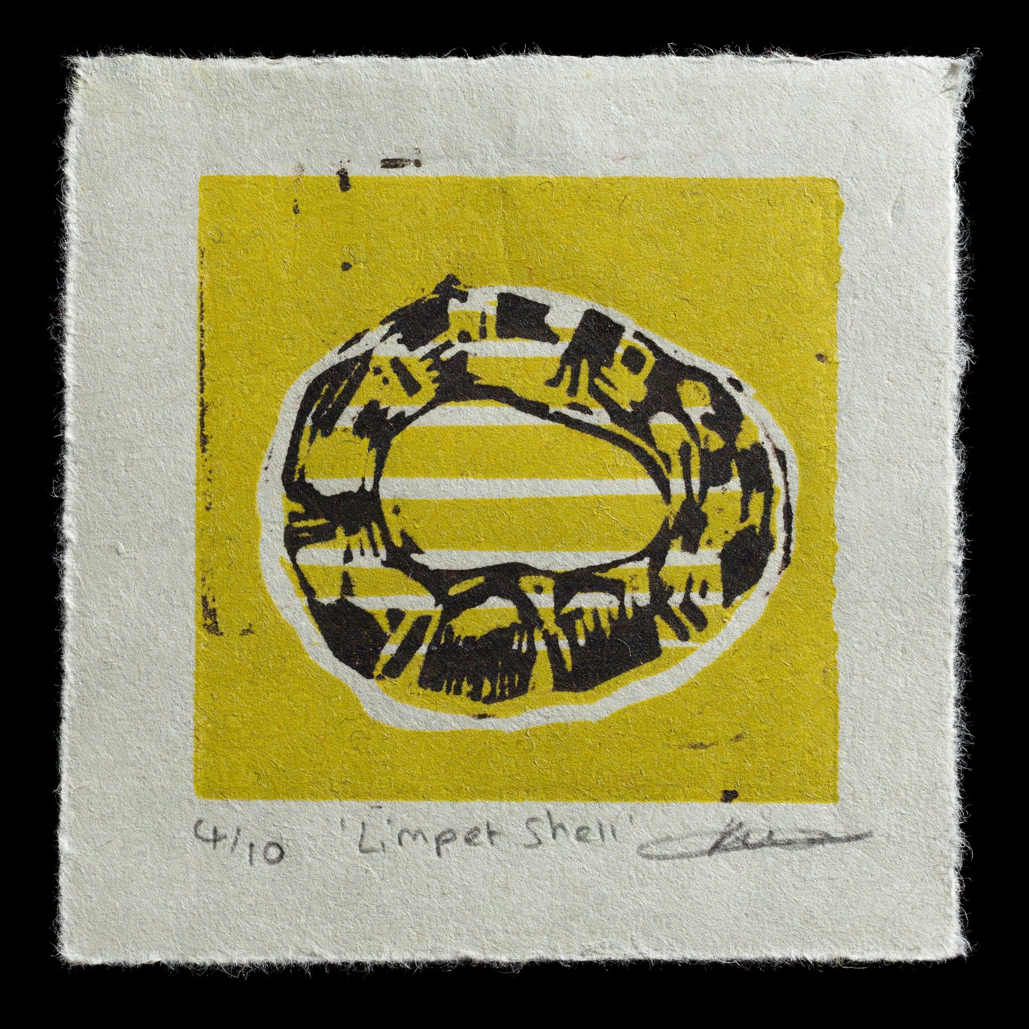 The 'Limpet Shell' linocut print by Kath Bell features a yellow square with an oval-shaped limpet shell in black, printed on light grey paper. The title is handwritten at the bottom of the print. This piece showcases intricate details and textures characteristic of linocut printing techniques.