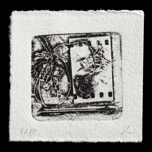 This black-and-white relief print showcases a collection of small objects discovered in an artist's pencil case. The artwork features a square composition with rounded corners, comprising multiple layers and textures created using collagraph techniques.

The design is rendered in black on white paper, with the artist's signature visible in the bottom right-hand corner. The print is numbered 1/10 at the top left corner of the paper.