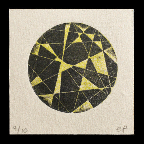 The print 'Lockdown Routes' by Emma Powell showcases a geometric pattern featuring a circular design with black and yellow shapes, created using relief printing techniques. The black background is complemented by yellow lines and shapes, adding depth to the composition. This piece explores the intersection of art and technology through its intricate patterns and colors.