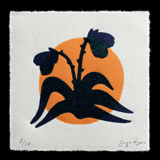 This limited edition print, numbered 5/10, features a striking design with a dark blue-gray plant silhouette set against an orange circle, rendered in relief print technique. The artist's signature is discreetly placed at the bottom right corner.