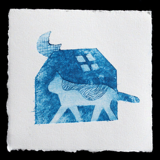 The artwork "Prowler" by Cyndy Patrick is an intaglio/drypoint print featuring a cat with its tail curled up, set against a white background. The dark blue color dominates the image, while hints of lighter blues and whites add depth to the scene. This abstract animal portrait showcases intricate details and textures, making it a visually striking piece.
