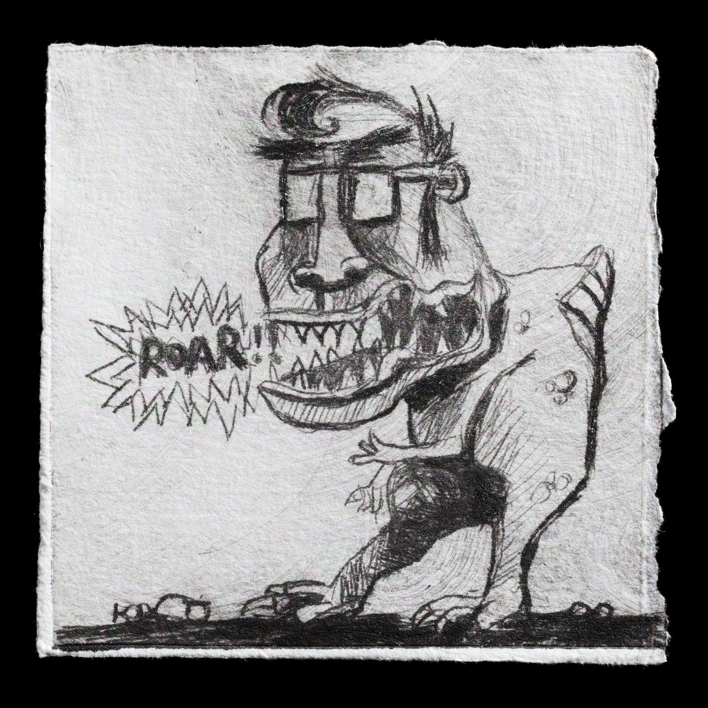 This etching showcases a humorous depiction of Rod MacGregor as a cartoonish monster with exaggerated features, including large teeth and a goofy grin. The artist's distinctive style is characterized by bold lines, rough textures, and a limited color palette that emphasizes dark, rich tones. A striking feature of this piece is the inclusion of the word 'ROAR!' in stylized lettering, adding to the overall sense of playfulness and whimsy.