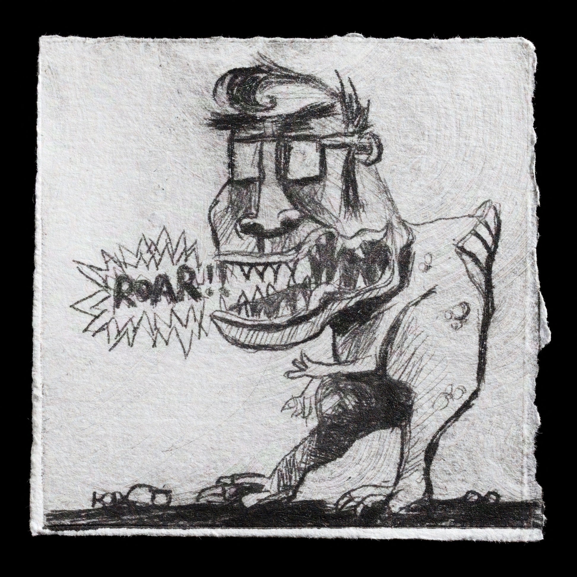 This etching showcases a humorous depiction of Rod MacGregor as a cartoonish monster with exaggerated features, including large teeth and a goofy grin. The artist's distinctive style is characterized by bold lines, rough textures, and a limited color palette that emphasizes dark, rich tones. A striking feature of this piece is the inclusion of the word 'ROAR!' in stylized lettering, adding to the overall sense of playfulness and whimsy.