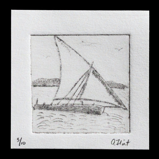 This captivating print, "Untitled" by Aaron Flint, showcases a sailboat in motion against a serene backdrop of water and distant mountains. Utilizing etching techniques, the artist has skillfully rendered this tranquil scene with precision and detail. The monochromatic color palette features varying shades of gray, adding depth and dimension to the overall composition.