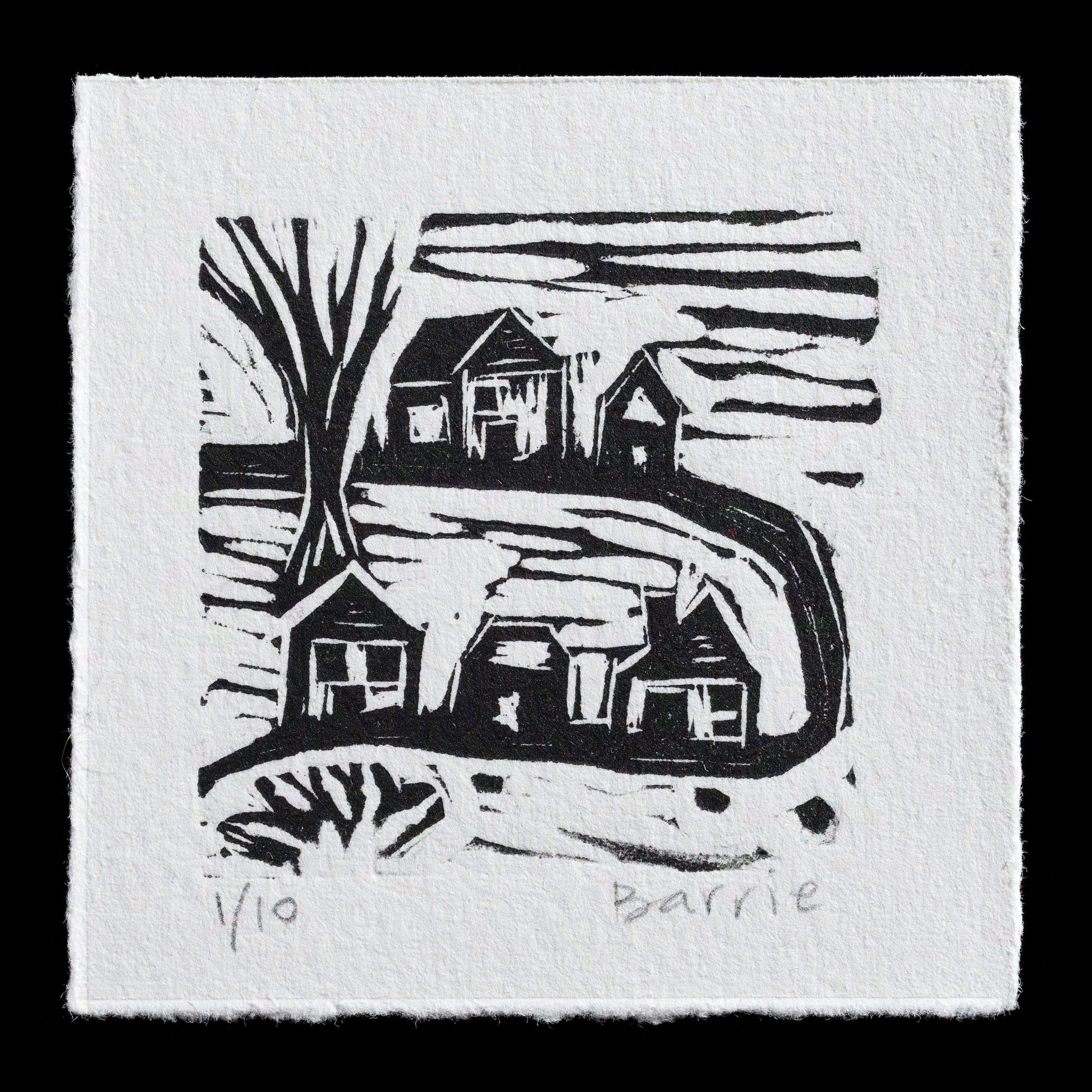 This relief print by Barrie Sanders presents a serene winter scene of three houses nestled along a winding road, with snow-covered roofs and crisp black lines defining their forms. A bare tree stands to the left, its branches stretching upwards towards the sky. The artist's use of bold black ink on white paper creates a striking contrast, while the simple composition and minimalist design evoke a sense of tranquility and quiet contemplation.