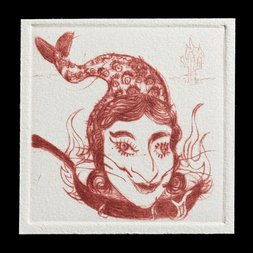 This etching by Manuel Guerra, titled 'Nada con tu cultura,' features a whimsical drawing of a woman's head with an octopus-like creature in her hair, rendered in brown ink on paper. The artwork showcases drypoint techniques, creating detailed textures and tones, while the color palette is dominated by shades of brown.