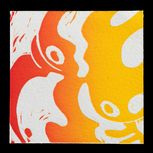 This linocut print, titled "Untitled" by Adriana Zavala, features a striking composition with bold white shapes set against an ombre background that transitions from red to orange to yellow. The intricate design showcases the artist's skillful use of color and form.