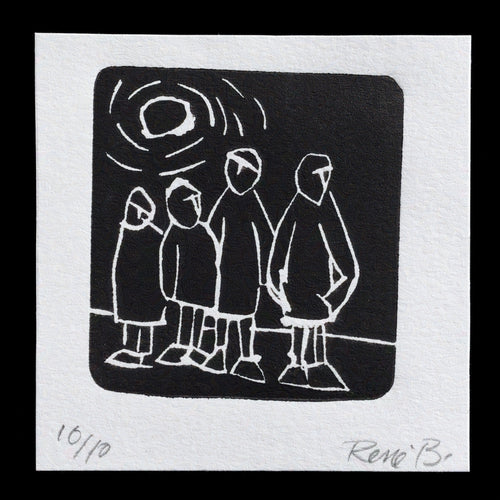 This captivating linocut print, titled 'Quatre amis/Four friend' by Ren� Bellefeuille, features four individuals standing together in a harmonious composition. The bold black background provides a striking contrast to the white outlines of the figures, creating a visually appealing and thought-provoking piece that invites the viewer to ponder the relationships between the characters.