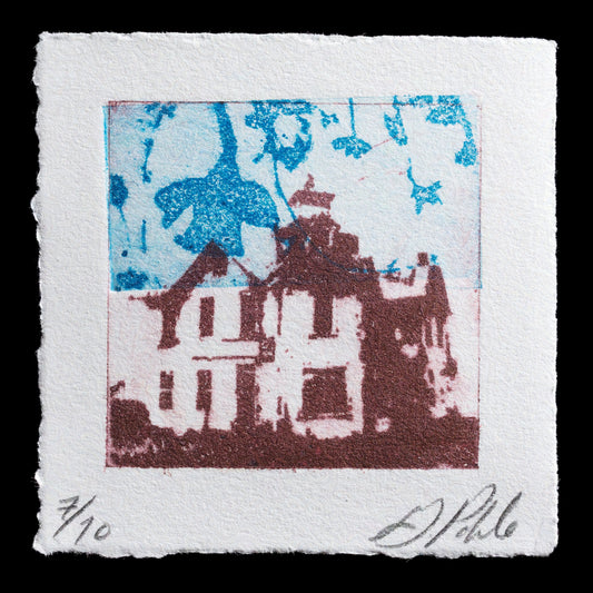 This print, titled "Liminal" by Gillian Pokalo, showcases a serene scene with a house and tree set against a vibrant blue sky. The artist's use of carborundum technique creates a textured surface, adding depth to the image. The brown silhouette of the house and tree stands out against the bright blue background, evoking a sense of calmness and tranquility.