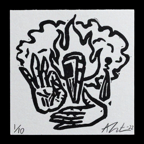 The image features a linocut print titled 