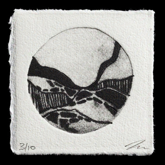 This print, "The World Is Very Far Away" by Linsey Morgan, showcases a minimalist landscape etched in black on beige paper using drypoint technique. The serene scene features hills and valleys set against an empty sky.