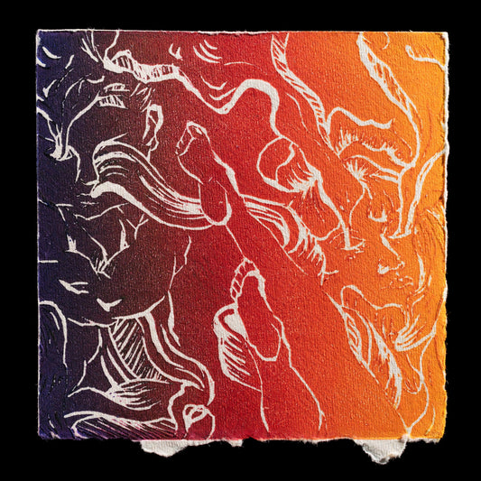 This print, titled "Flow" by Yang Hanwen, showcases a vibrant linocut artwork featuring white lines against a gradient background transitioning from purple to red to orange hues, evoking fluidity and movement.