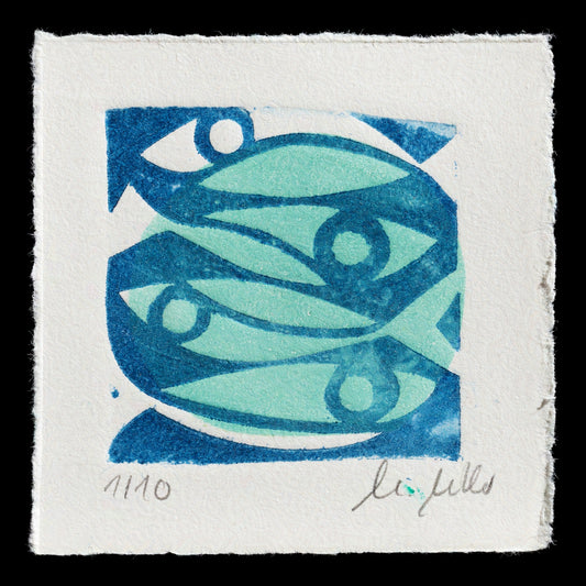 This striking blue-and-green print, titled "Eyecatcher" by Michaela M�ller, showcases a unique combination of shapes and lines that evoke a sense of depth and visual interest.

**Key Features:**

* The print is created using the TetraPak technique
* Dominant colors are shades of blue and green
* Intricate design features a series of interconnected shapes and lines