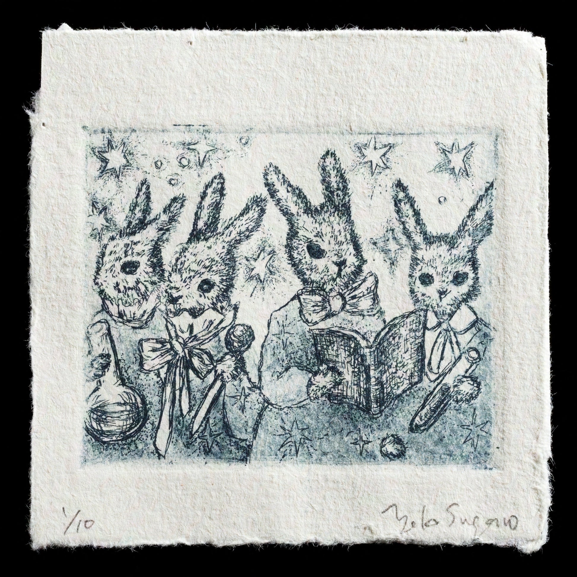 The artwork "Untitled" by Yoko Sugeno is a captivating piece that showcases the artist's skillful use of etching techniques. This print features three rabbits dressed in suits and bow ties, surrounded by stars and other celestial elements, creating a whimsical and dreamlike atmosphere. The monochromatic color palette adds to the sense of mystery and intrigue, inviting the viewer to ponder the symbolism behind this enigmatic scene.