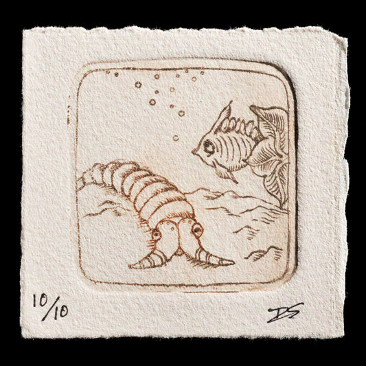 Here is a concise, SEO-friendly description of the print:

The print 'the seabed' by Donna Stone is an intricately detailed engraving showcasing the artist's skill in capturing the depths of the ocean floor. The monochromatic color palette features shades of brown and gray, with intricate textures and patterns evoking the mystery of the deep sea.