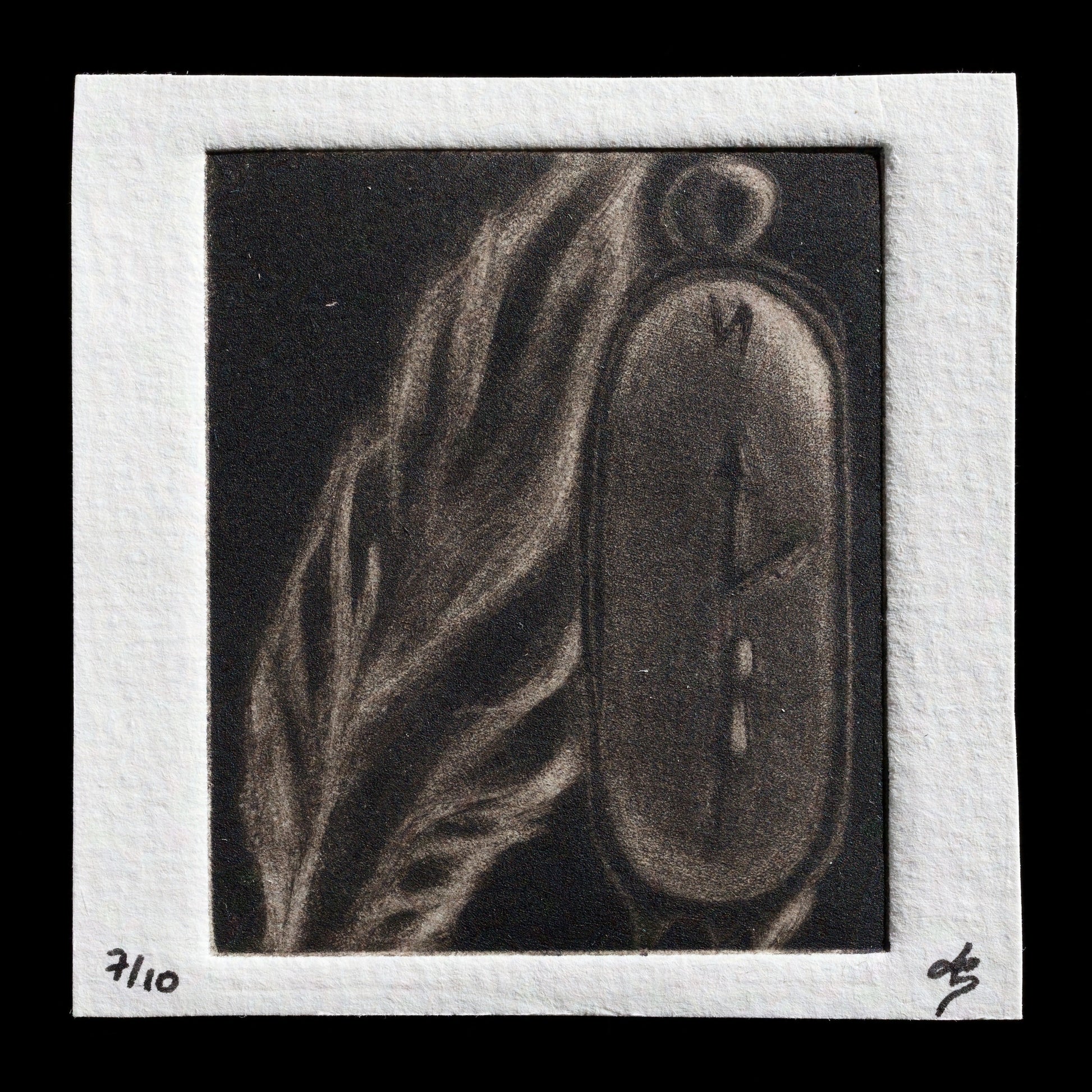 This print, titled "Running out of Time," is a captivating piece created by LB using the intricate technique of mezzotint.

**Visual Details**

* The artwork features a dark background with subtle light gray shading.
* A figure in the center appears to be running out of time, adding a sense of tension and urgency to the composition.
* The overall effect is one of drama and intensity, inviting the viewer to contemplate the passage of time.