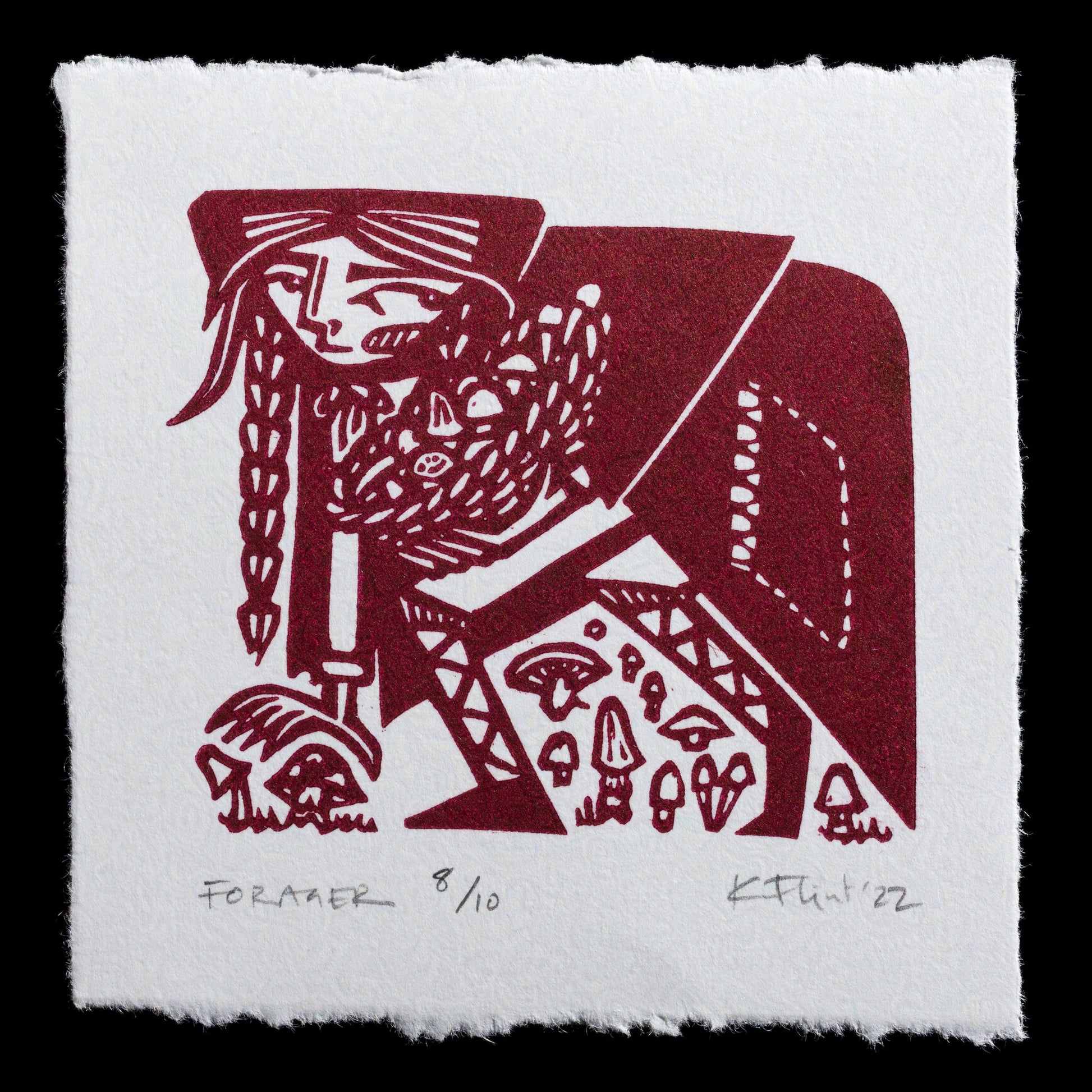 Here is a concise, SEO-friendly description of the print:

"Captivating linocut artwork 'Forager' by Kat Flint. This monochromatic piece features a striking red-brown color palette, showcasing an abstract representation of a forager amidst lush foliage and mushroom elements."
