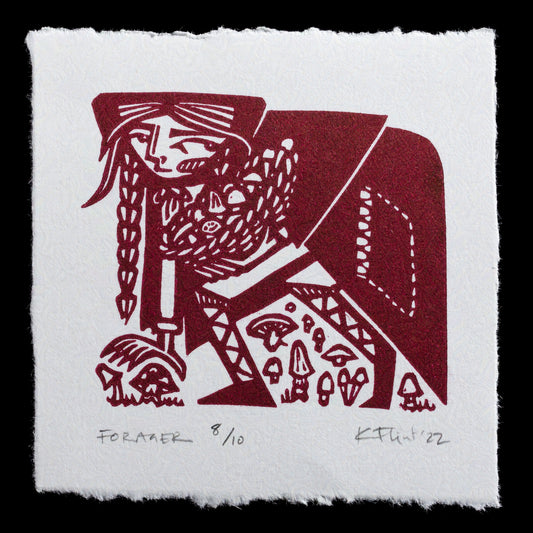 Here is a concise, SEO-friendly description of the print:

"Captivating linocut artwork 'Forager' by Kat Flint. This monochromatic piece features a striking red-brown color palette, showcasing an abstract representation of a forager amidst lush foliage and mushroom elements."