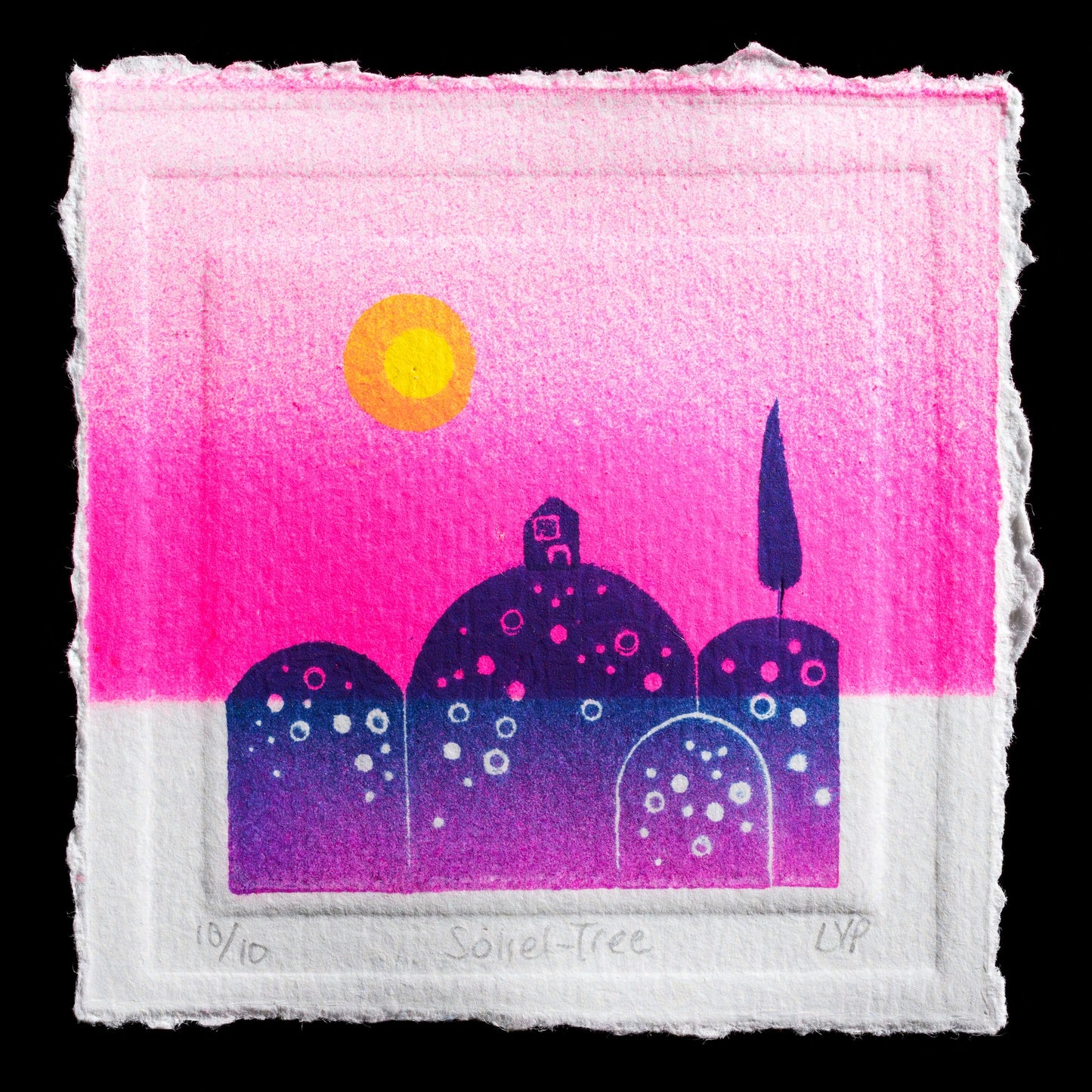The artwork "Soleil-Tree" by Lys Price is a captivating print that showcases intricate details through relief print and blind embossing techniques. The composition features a harmonious blend of pink, purple, orange, yellow, and white hues.