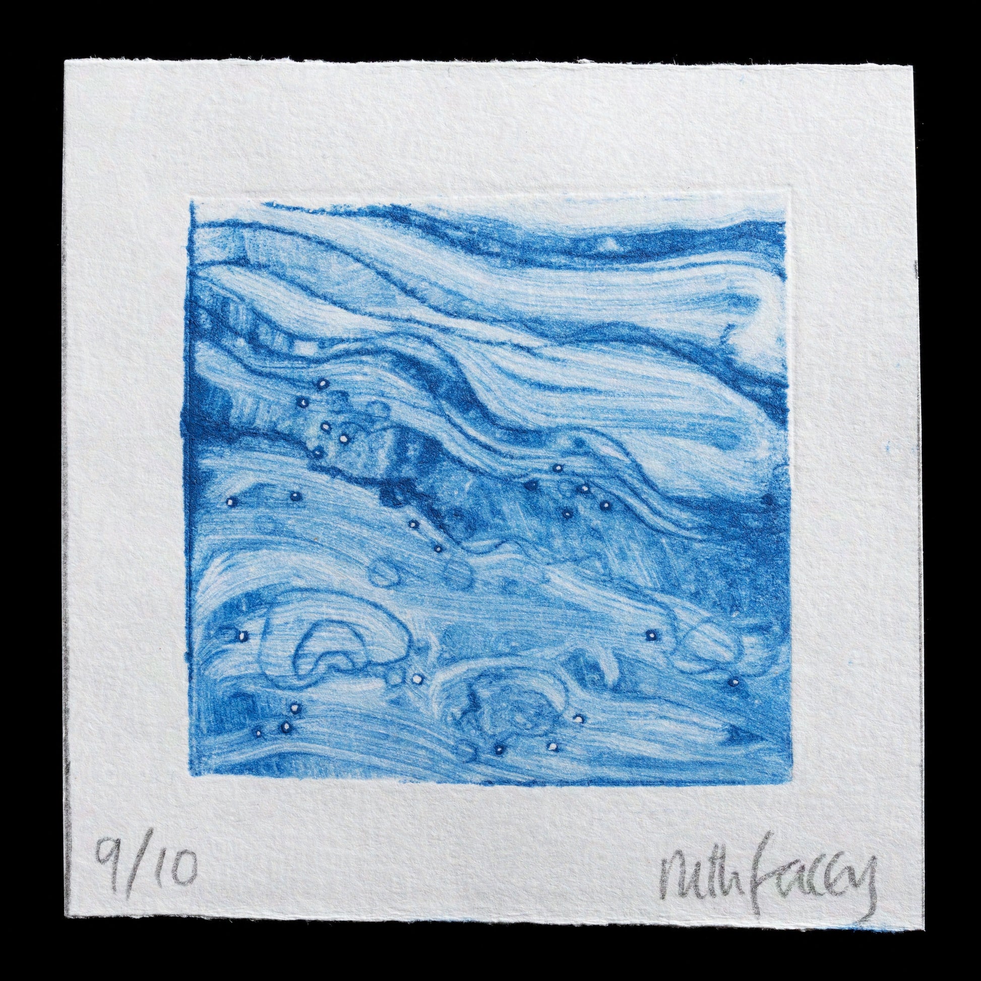 This captivating print, titled "Shorelines", is a testament to Ruth Facey's skillful use of drypoint technique. Against a subtle grey-blue background, intricate patterns emerge in shades of blue, evoking the gentle lapping of waves against the shore. The artist's signature in pencil at the bottom right adds a touch of elegance, while the number "9/10" in pencil at the bottom left provides context to this unique piece.