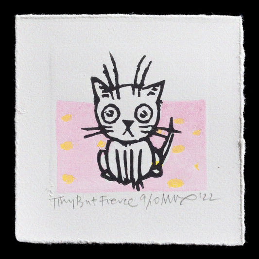 This print features a whimsical illustration of a cat with an endearing expression, showcasing its tiny but fierce demeanor.

**Color Palette:**
* Main color: Black
* Accent color: Pink

**Technique:** Linocut
The artist's signature is visible at the bottom of the print.