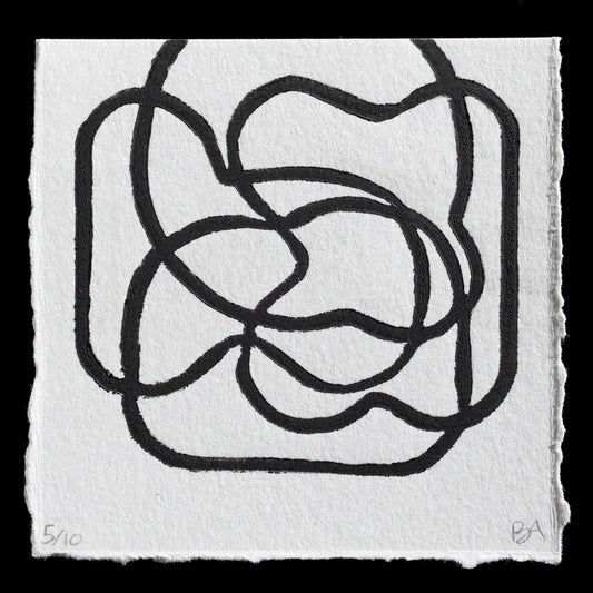 This artwork is a black-and-white print titled "Family Letters" by Bridgette Ashby. Created through relief printing, it features a stylized letter "S" composed of interconnected lines in a single color against a white background. The image does not provide any additional context or details about the artist's inspiration or meaning behind the piece.