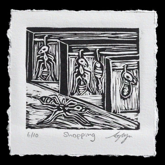 This captivating linocut print, titled "Shopping" by Ang Li Ya, presents a thought-provoking scene. The black ink on white paper creates a striking contrast, while the three figures in the background appear to be shopping for something, their faces and bodies obscured. In the foreground, a large branch stretches across the bottom of the image, adding depth to the composition. This piece is numbered 6/10, indicating its edition size.