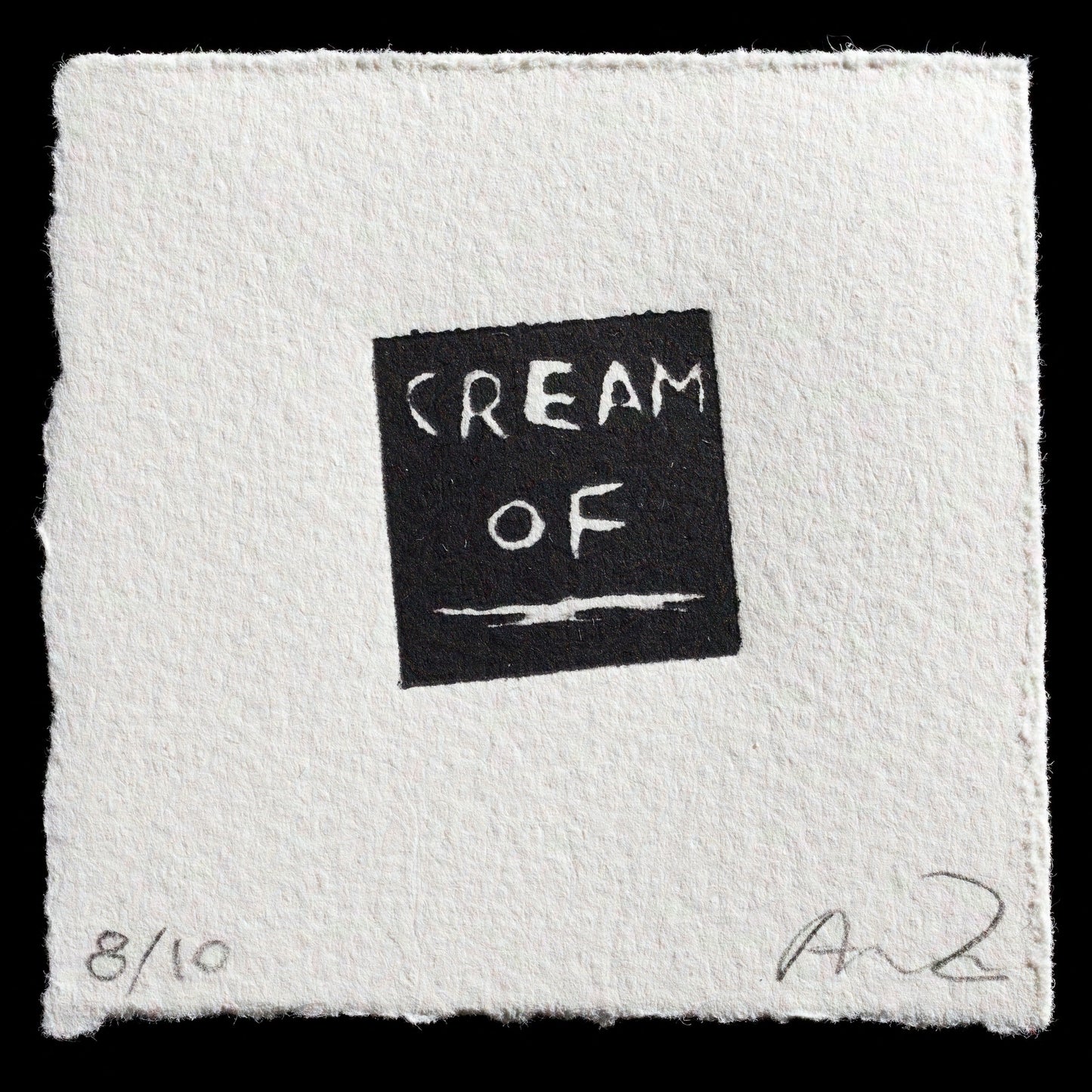 This print, 'Untitled (Cream of ____)', is a linocut work by Alexandra Zuckerman, featuring a minimalist composition with bold black lines against a white background. The title is cleverly written in cream-colored text within a black square at the center, inviting interpretation and speculation about its meaning.