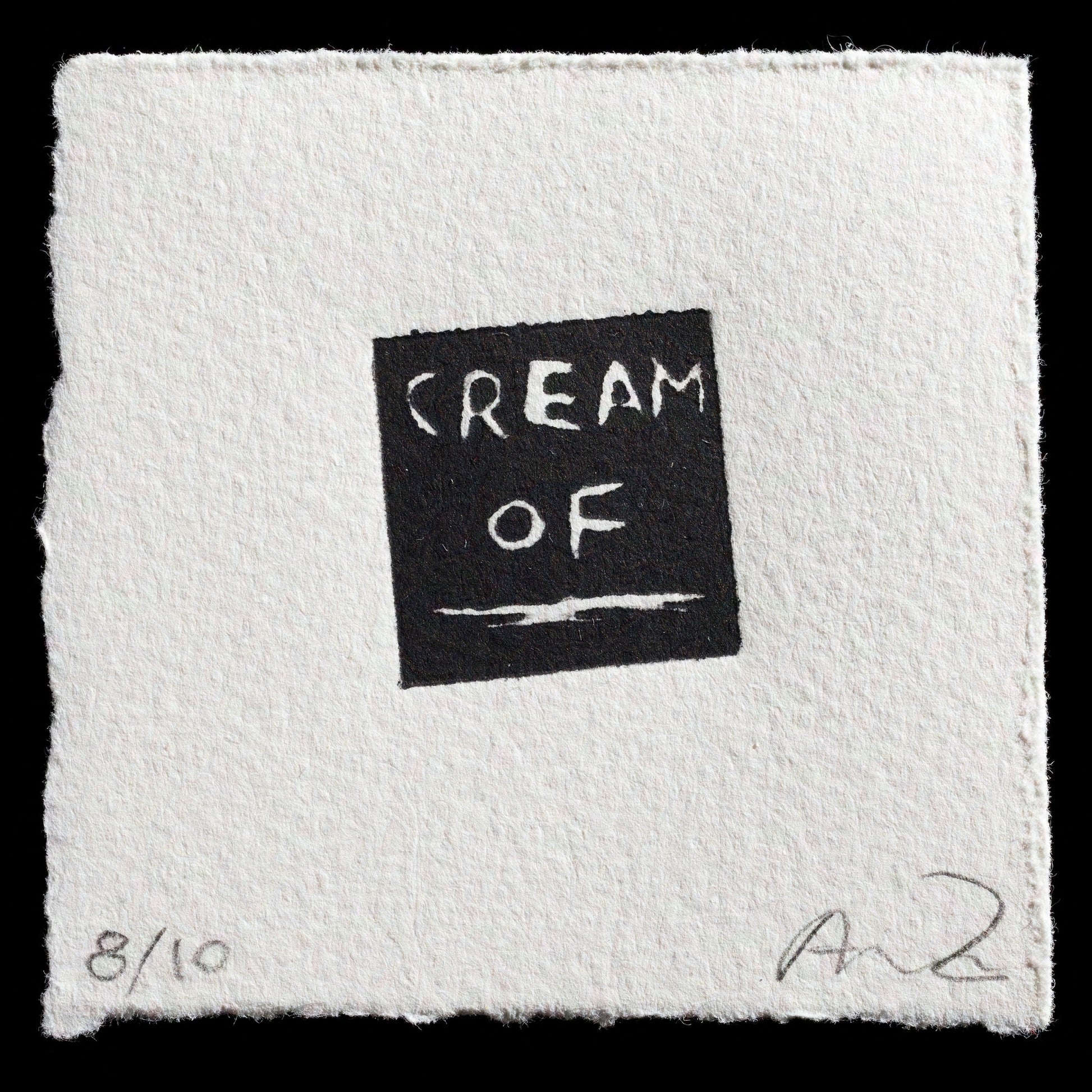 This print, 'Untitled (Cream of ____)', is a linocut work by Alexandra Zuckerman, featuring a minimalist composition with bold black lines against a white background. The title is cleverly written in cream-colored text within a black square at the center, inviting interpretation and speculation about its meaning.