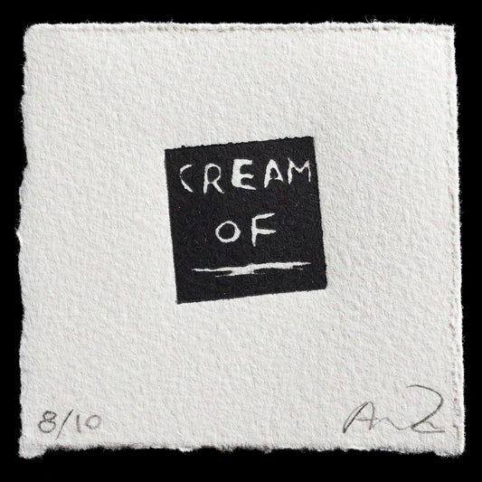 This print, 'Untitled (Cream of ____)', is a linocut work by Alexandra Zuckerman, featuring a minimalist composition with bold black lines against a white background. The title is cleverly written in cream-colored text within a black square at the center, inviting interpretation and speculation about its meaning.
