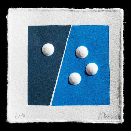 Here is a rewritten SEO description that meets the requirements:

"Lost" by Nadine Pasianotto, a captivating piece created through mixed media techniques. The print features a striking blue rectangle with white dots, set against a black background. This artwork showcases Pasianotto's unique style and attention to detail.