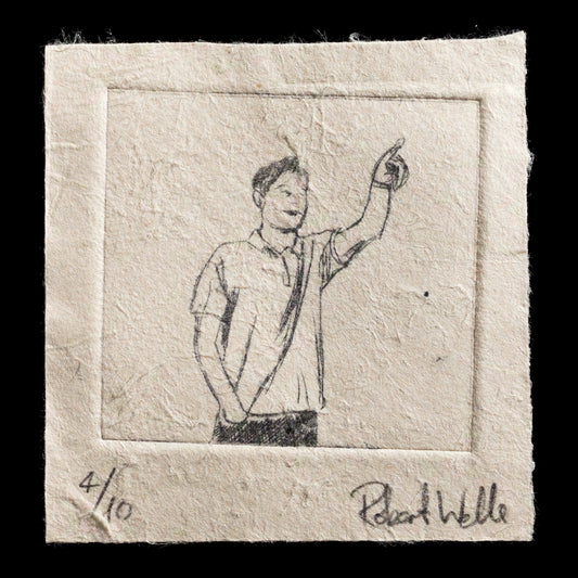 This print, "Pointing Man (after MB)" by Robert Wells, is an intaglio work that features a man pointing with his right hand. The composition showcases a single figure in a gesture of direction or indication, set against a plain background. The print's color palette is muted, with shades of gray and white dominating the scene.