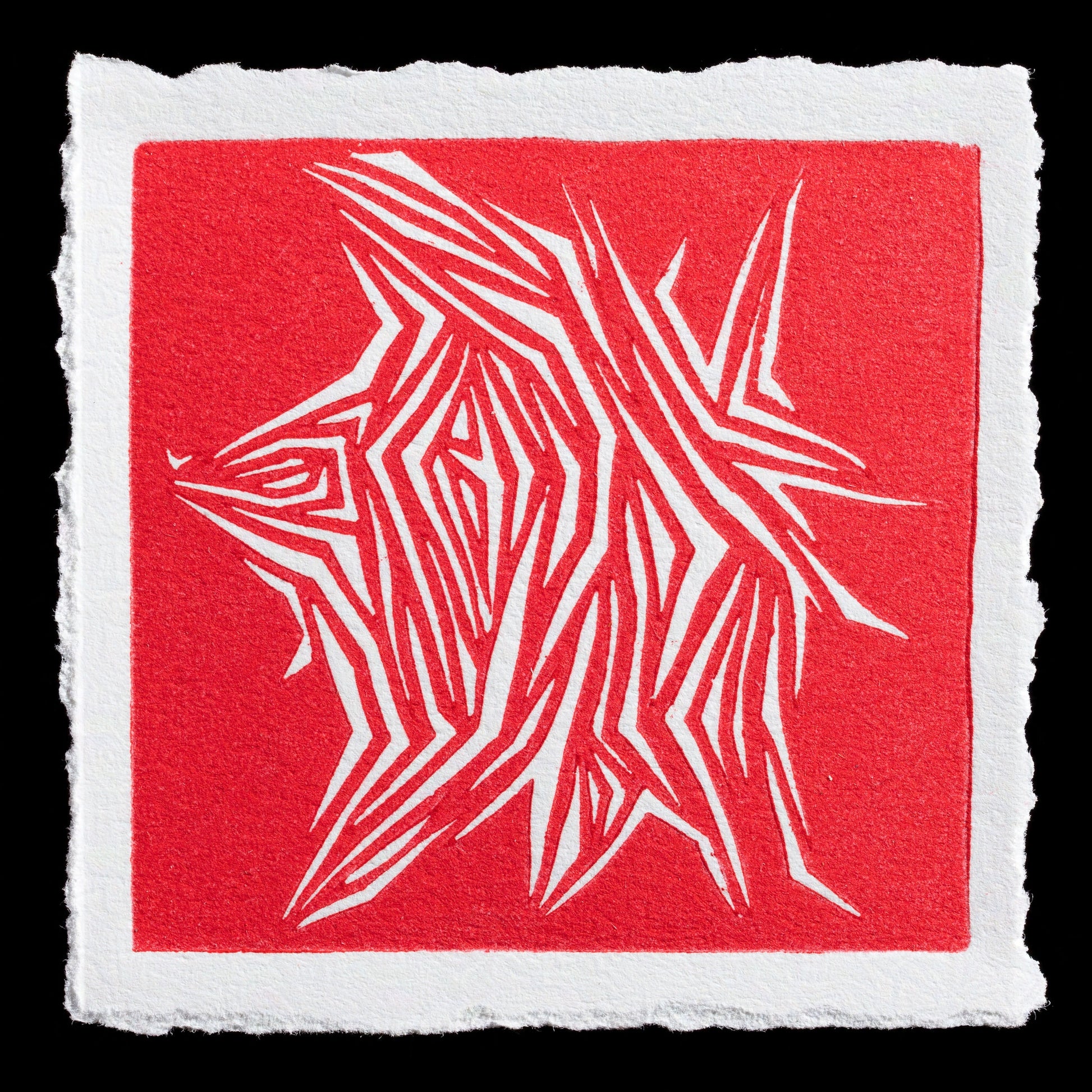 This linocut print, untitled by Melih Meric, features a striking red square with a white geometric starburst design at its center. The bold color scheme creates a visually appealing contrast, showcasing the artist's skill in layering and texture.