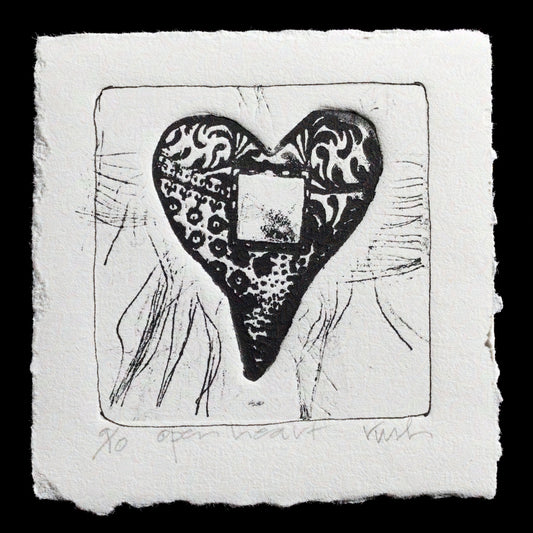 This print, titled "Open Your Heart" by Rebecca Rush, showcases a heart-shaped design with intricate patterns. The black and white artwork features bold lines and textures, with the heart shape taking center stage against a plain background. Created using etching techniques, this piece highlights Rush's skill in manipulating light and shadow to create depth and dimensionality.
