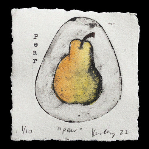 This print, 'Pear' by Ker Cleary, showcases a pear-shaped subject rendered in muted yellow tones with subtle black shading. The artist's use of drypoint technique is evident in the intricate texture and tonal depth achieved on a textured white paper background.