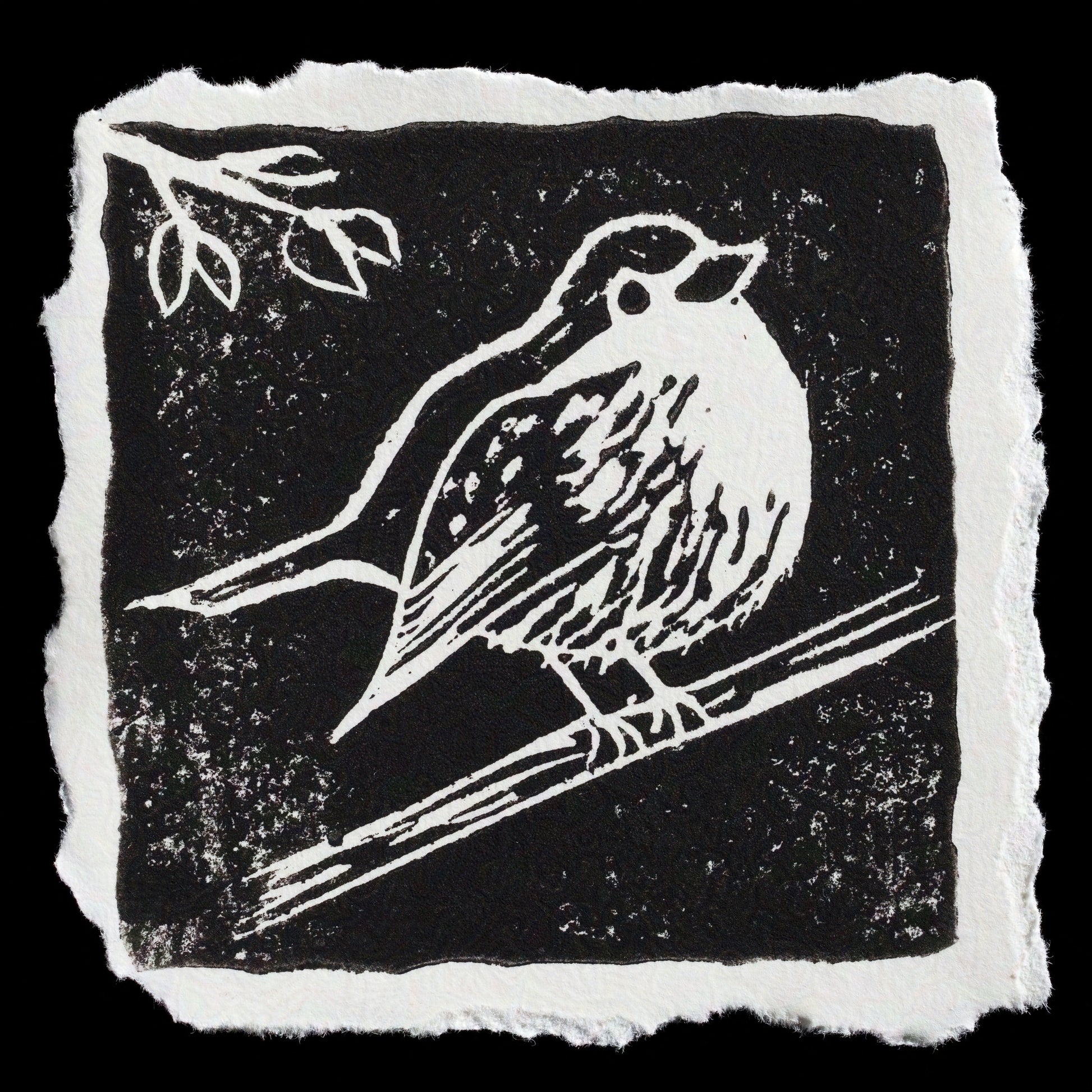 This linocut print, Untitled by Annett G�nther, features a minimalist composition of a bird perched on a branch against a solid black background. The monochromatic palette consists mainly of white and black ink. The image showcases the artist's skillful use of negative space to create a sense of depth and simplicity.