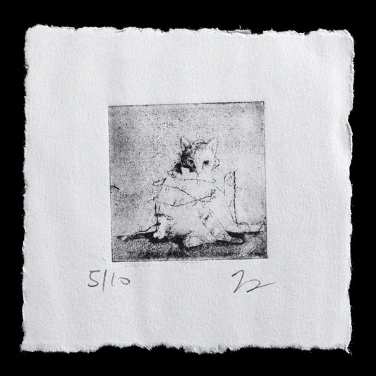 This captivating print, titled "Non-fungible Tabby #2" by Carolyn Jao, showcases a stunning tabby cat with distinctive markings and expressive features.

**Color Palette:**

* Soft gray tones
* Rich brown hues

**Technique and Details:**

* Created using the intaglio technique, resulting in deep textures and intricate details.
* A square format with frayed edges adds an air of elegance and sophistication.