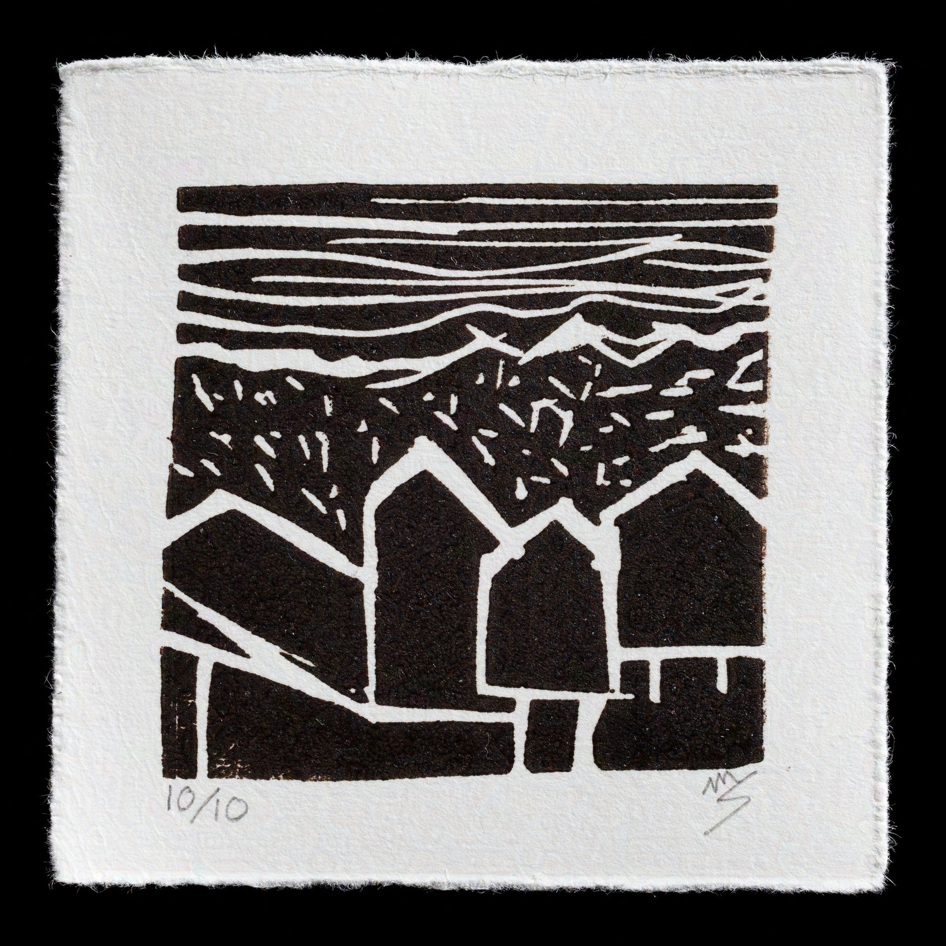 This linocut print by Maria is titled "Everywhere". It features a black background with white geometric shapes that resemble mountains or peaks, creating a striking visual contrast. The overall effect is one of simplicity and elegance, inviting the viewer to contemplate the beauty of nature.