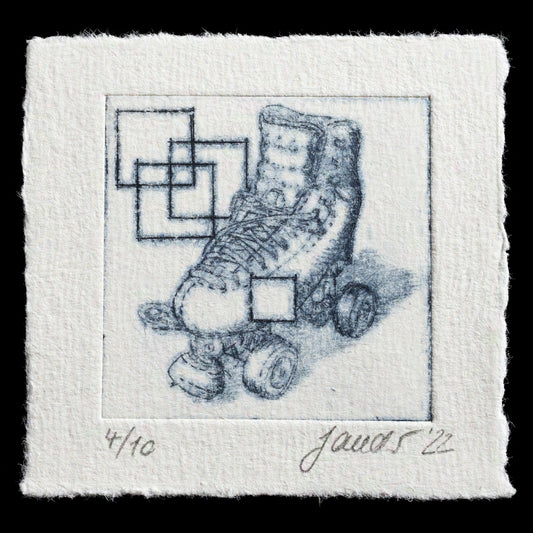 This etched print, 'Tiny Stuckpixel' by Natja Jander, features a small, pixelated image with a blue-gray tone on white paper. The artwork is presented in an off-white matting with a black background, showcasing the artist's skillful use of etching techniques to create a unique visual effect.