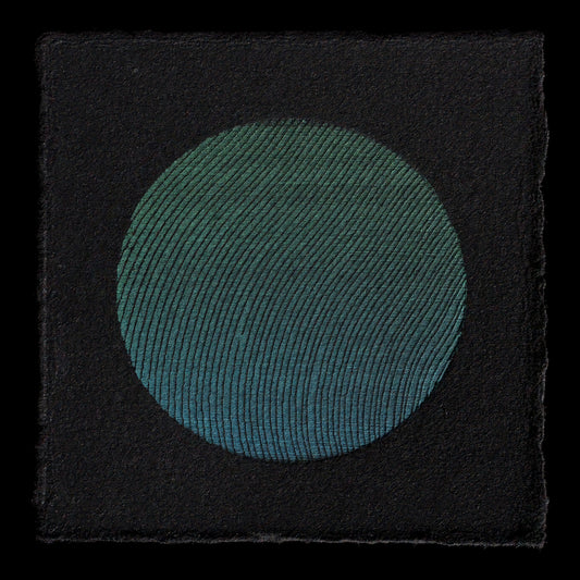 This artwork by Martin Schneider presents a striking visual representation of a planet.

The print features a large, circular shape with intricate details, created using relief printing techniques that incorporate elements of woodcut and laser cutting. The dark grey background is subtly offset by a gradient of blue-green hues, giving the overall appearance of an alien landscape.
