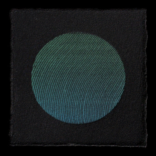 This artwork by Martin Schneider presents a striking visual representation of a planet.

The print features a large, circular shape with intricate details, created using relief printing techniques that incorporate elements of woodcut and laser cutting. The dark grey background is subtly offset by a gradient of blue-green hues, giving the overall appearance of an alien landscape.