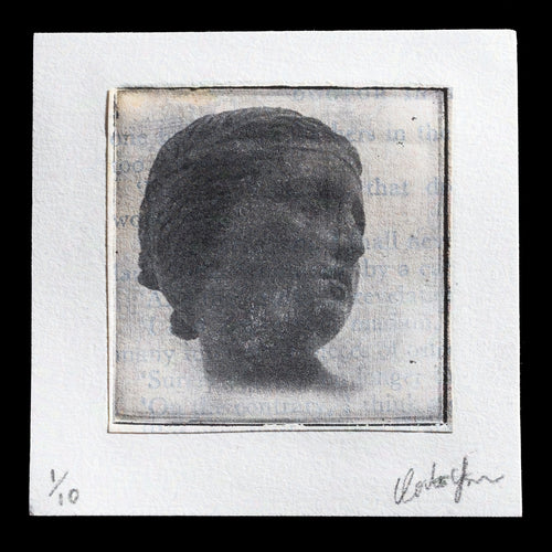 This etching by Francesca Centioni showcases a marble head in profile silhouette against a blue background with illegible text. The head is rendered in subtle grey tones, set within a square border that subtly fades into the surrounding paper. The artist's signature is visible in the lower right corner. The print is signed '1/10', indicating it as one of ten copies produced.