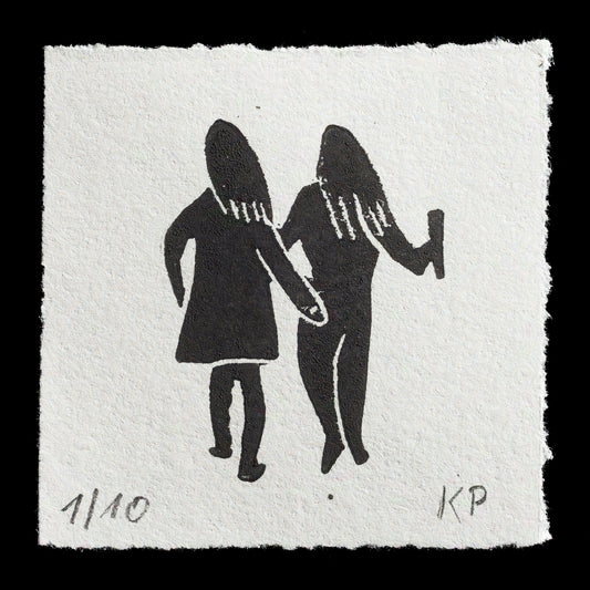 Here is a rewritten SEO description that meets the requirements:

Linocut print 'Two Ladies' by Karl Papst, featuring two figures in black on white paper with rough edges. The artist's initials "KP" are visible at the bottom right corner. This piece showcases a simple yet elegant composition.