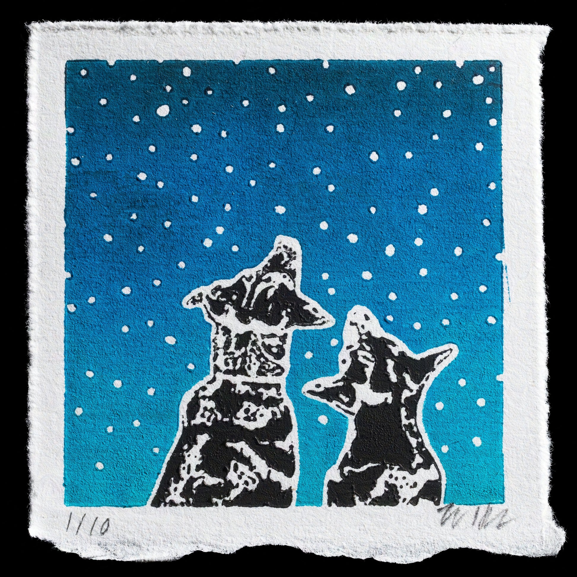 This captivating monochromatic print, titled 'Dogs Consider The Cosmos' by Wendy Hauschildt, showcases two dogs gazing up at a starry night sky, set against a deep blue background. Created using woodcut and laser-cut techniques, the piece features white lines that outline the dogs and stars on the vibrant blue backdrop.