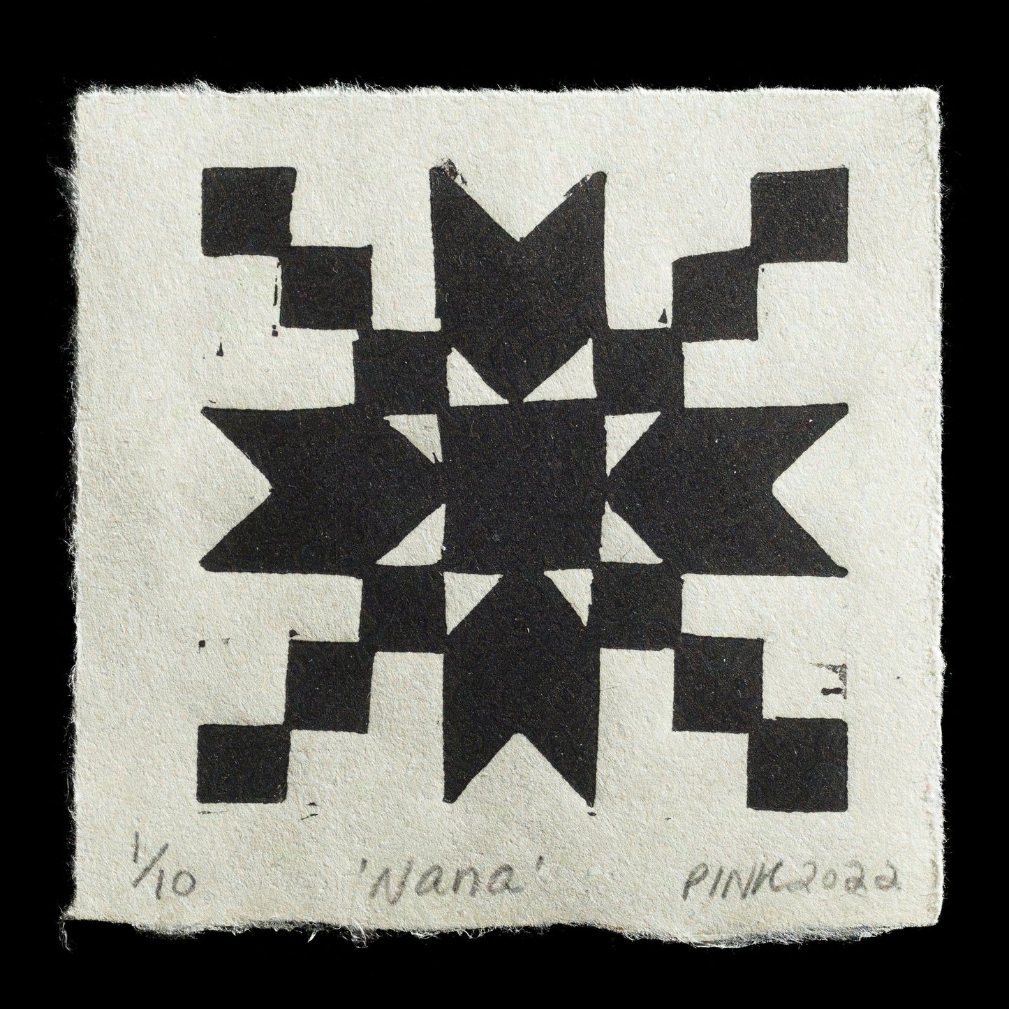 This linocut print, 'Nana', showcases a striking black geometric design on white paper. At its center is an eight-pointed star surrounded by smaller squares arranged in a symmetrical pattern. The title and artist's name are inscribed at the bottom of the image, providing context to this intricate relief print.