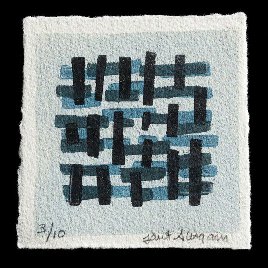 This print, "Crossroads" by Janet Yagoda Shagam, showcases a relief print technique with a color palette of blue and black hues against a white background. The abstract composition features bold lines and shapes, creating a visually striking piece.
