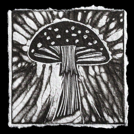 This striking black-and-white linocut print showcases a detailed mushroom against an abstract background.

The print features bold lines and geometric shapes, with the mushroom's cap taking center stage. The artist's use of negative space creates a visually appealing contrast between light and dark areas. The overall effect is one of simplicity and elegance, making this print a captivating addition to any wall.