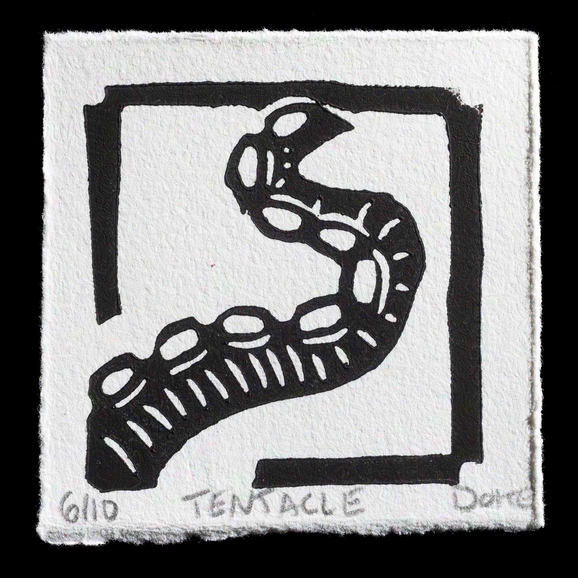 This linocut print by Ashley Doke features a striking black-and-white design. At its center is an abstract tentacle, rendered in bold black lines with white highlights, set against a square frame with thick black borders. The artist's signature and the title 'Tentacle' are discreetly printed at the bottom of the artwork.