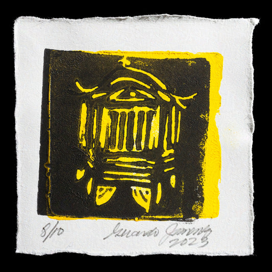 This captivating linocut print, titled "Light the Way," showcases a striking image with bold, contrasting colors. At its center is a bright yellow light source that emanates from a dark gray background, casting a warm glow on surrounding elements in varying shades of gray and beige. The artist's use of negative space skillfully creates depth and dimensionality within the composition.