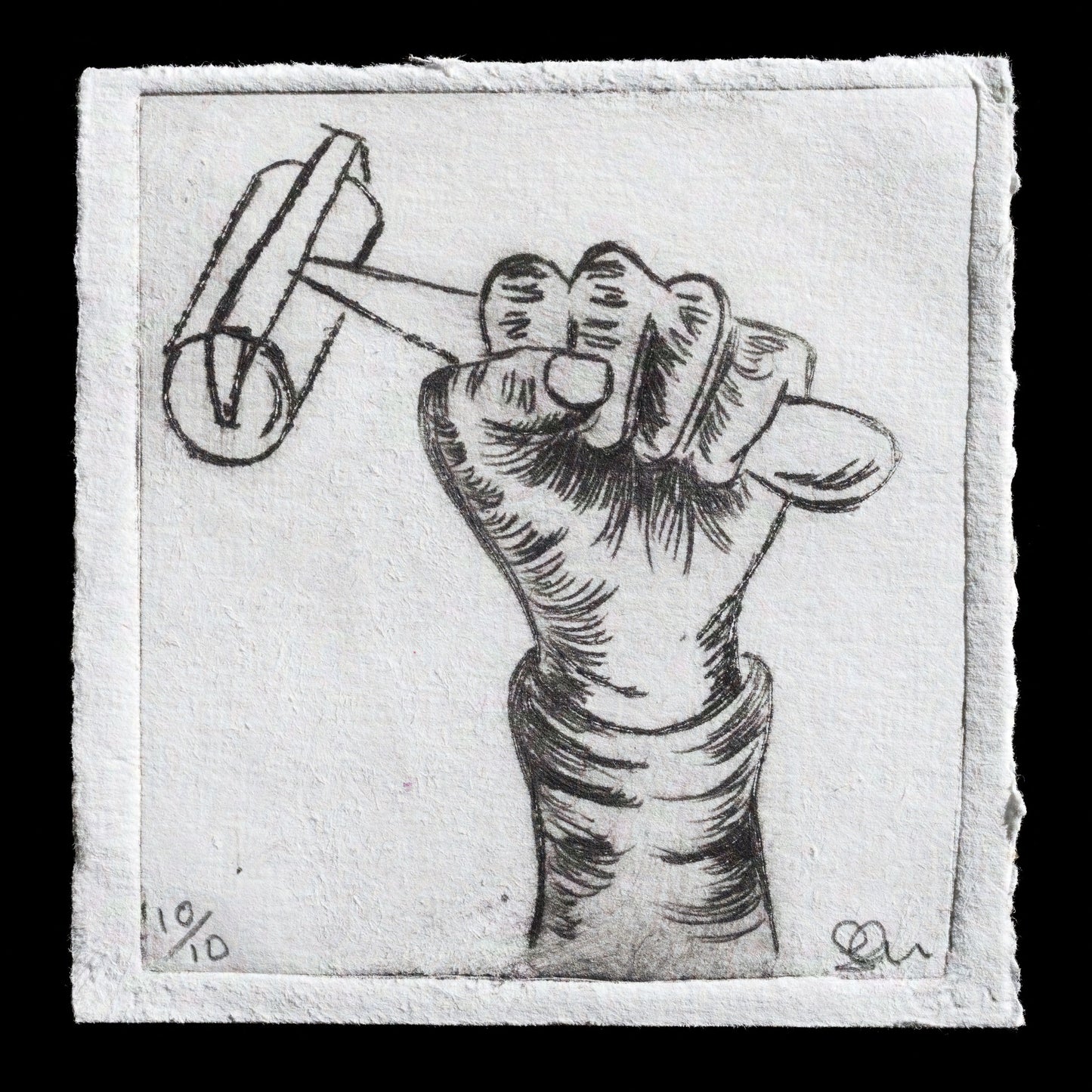 This untitled drypoint print by Freya Clarke features a clenched fist grasping an object resembling a hammer or chisel, rendered in bold black lines against a light grey background. The print's intricate details and textures are characteristic of the intaglio technique, showcasing Clarke's skillful use of drypoint to create a striking visual effect.